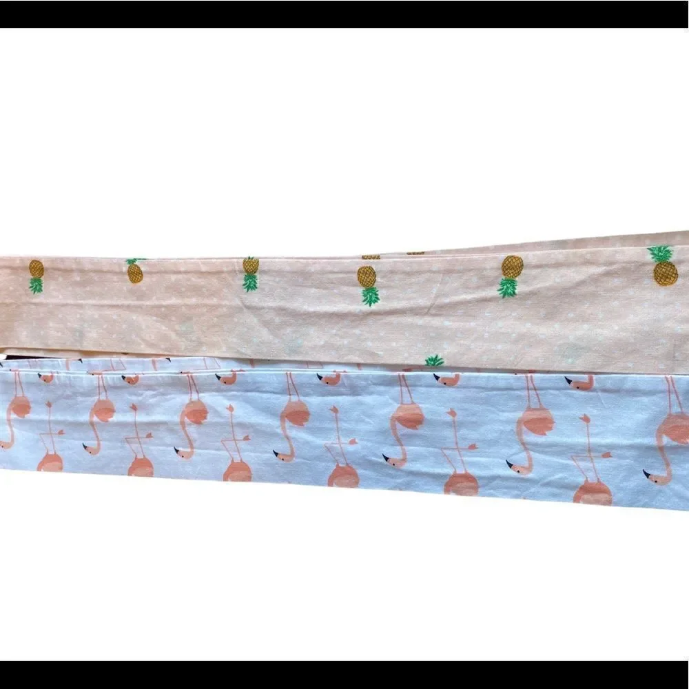 Tropical long thin white scarf with pink flamingos, also peach with pineapples